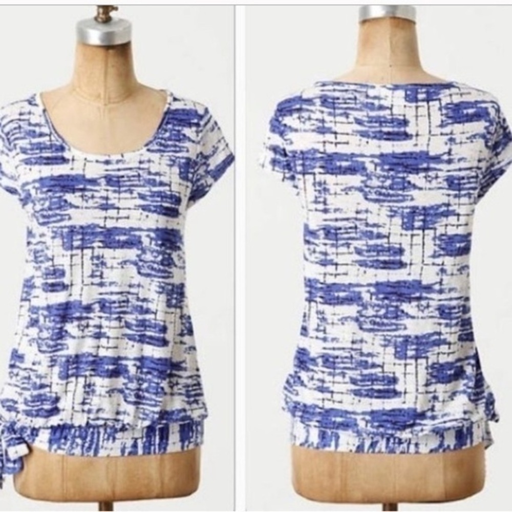 Anthro Porridge Art Of Pursuit Blue & White Pattern Tie Short Sleeve Top​​